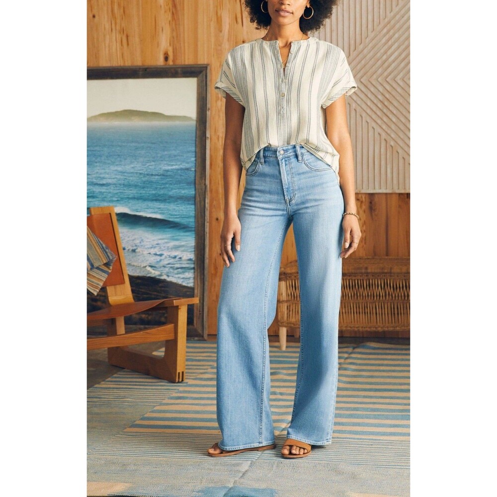 Faherty Dream Organic Cotton Gauze Desmond Top Size Large Cream Tidal Wave Dobby - Picture 13 of 13
